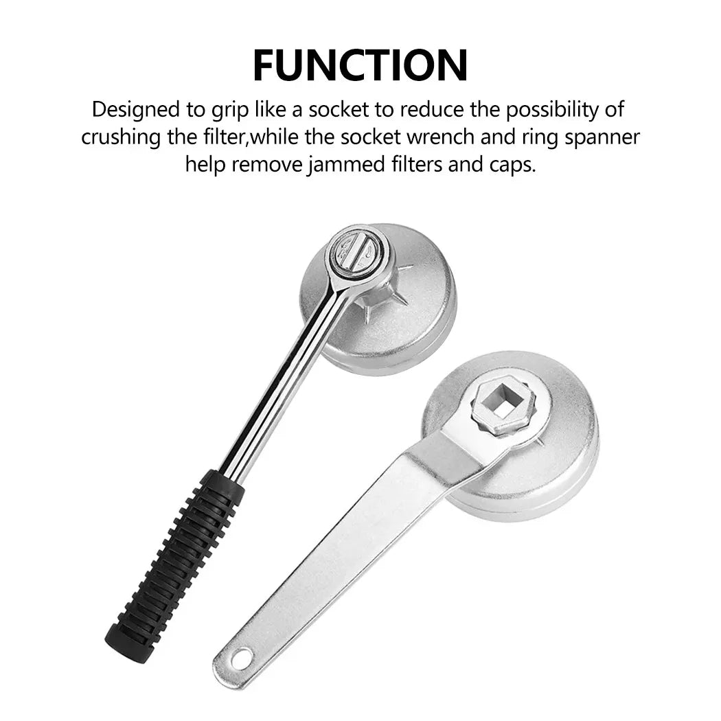 Close-up of the Oil Filter Wrench Kit's ratchet handle and cup socket designed to grip oil filters without crushing them