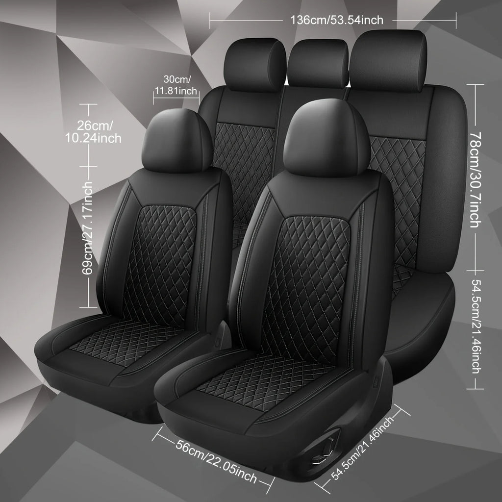 Quilted leather car seat covers with dimensions and measurement guide diagram