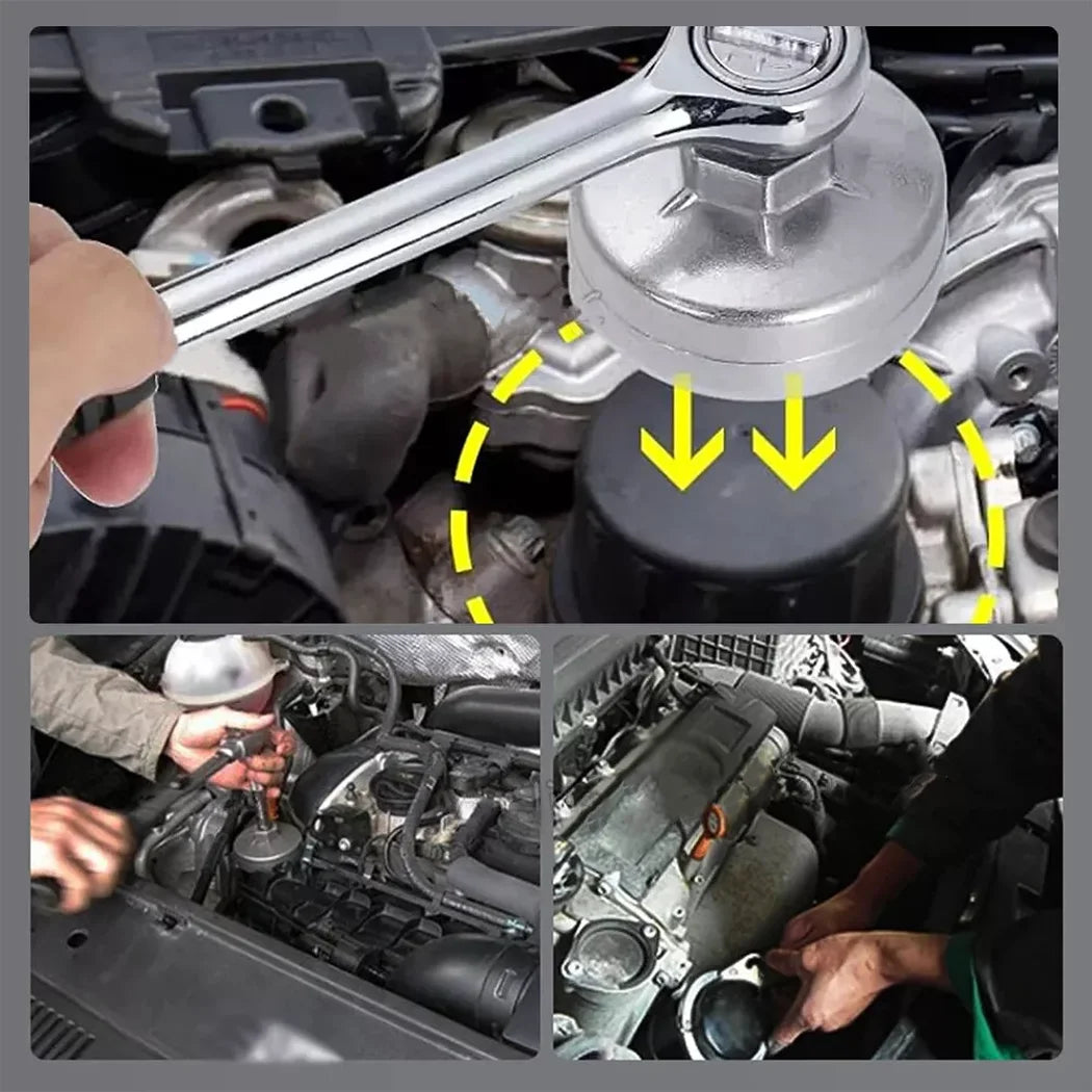 Oil Filter Wrench Kit in use removing an oil filter housing cap and jammed oil filter from a car engine