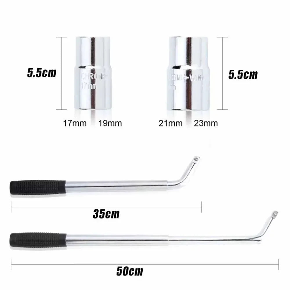 Diagram of two chrome sockets labelled 17mm, 19mm, 21mm and 23mm and the telescopic wrench measuring 35cm and 50cm when extended
