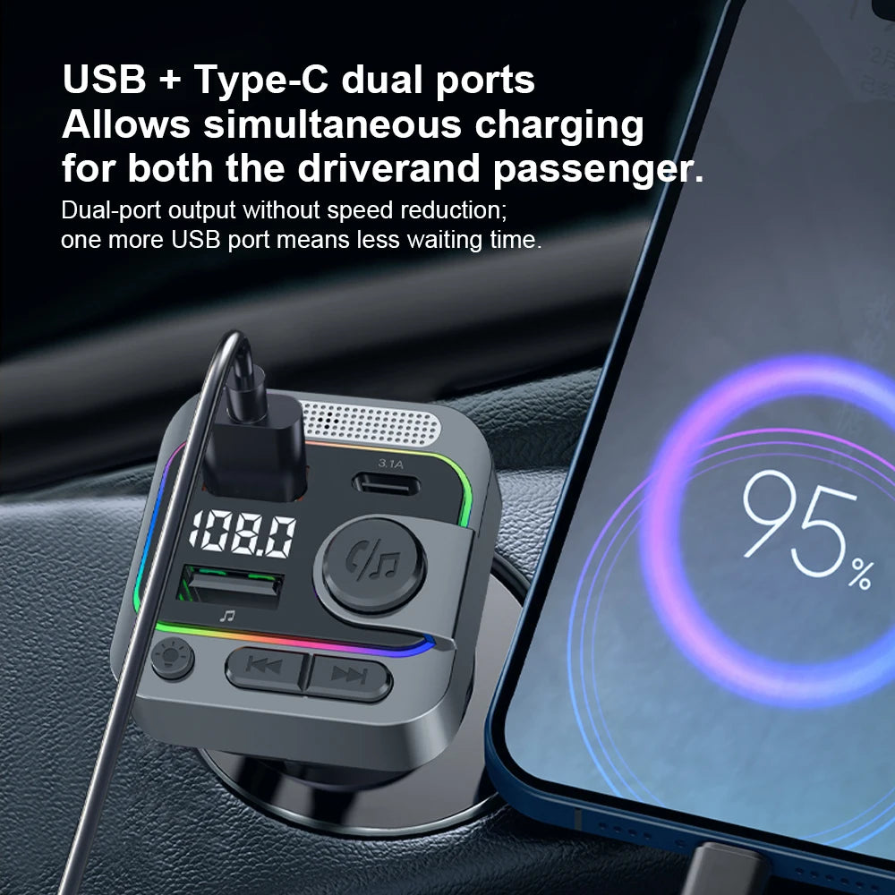 Wireless car karaoke transmitter with USB and Type-C dual ports charging a smartphone to 95 percent for the driver and passenger simultaneously