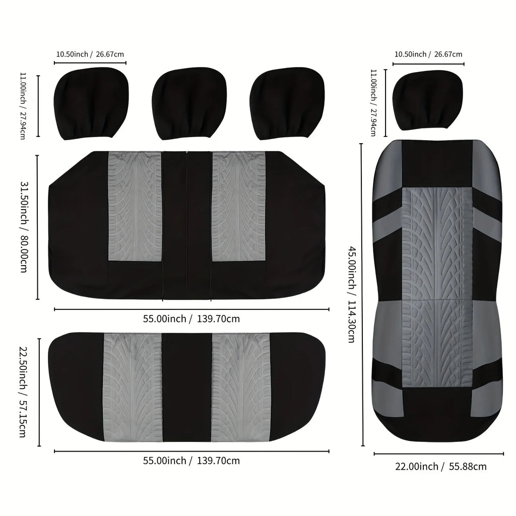 Ash grey and black universal car seat covers laid out on a white background with dimension measurements labelled for headrest, seat-back and seat-base.