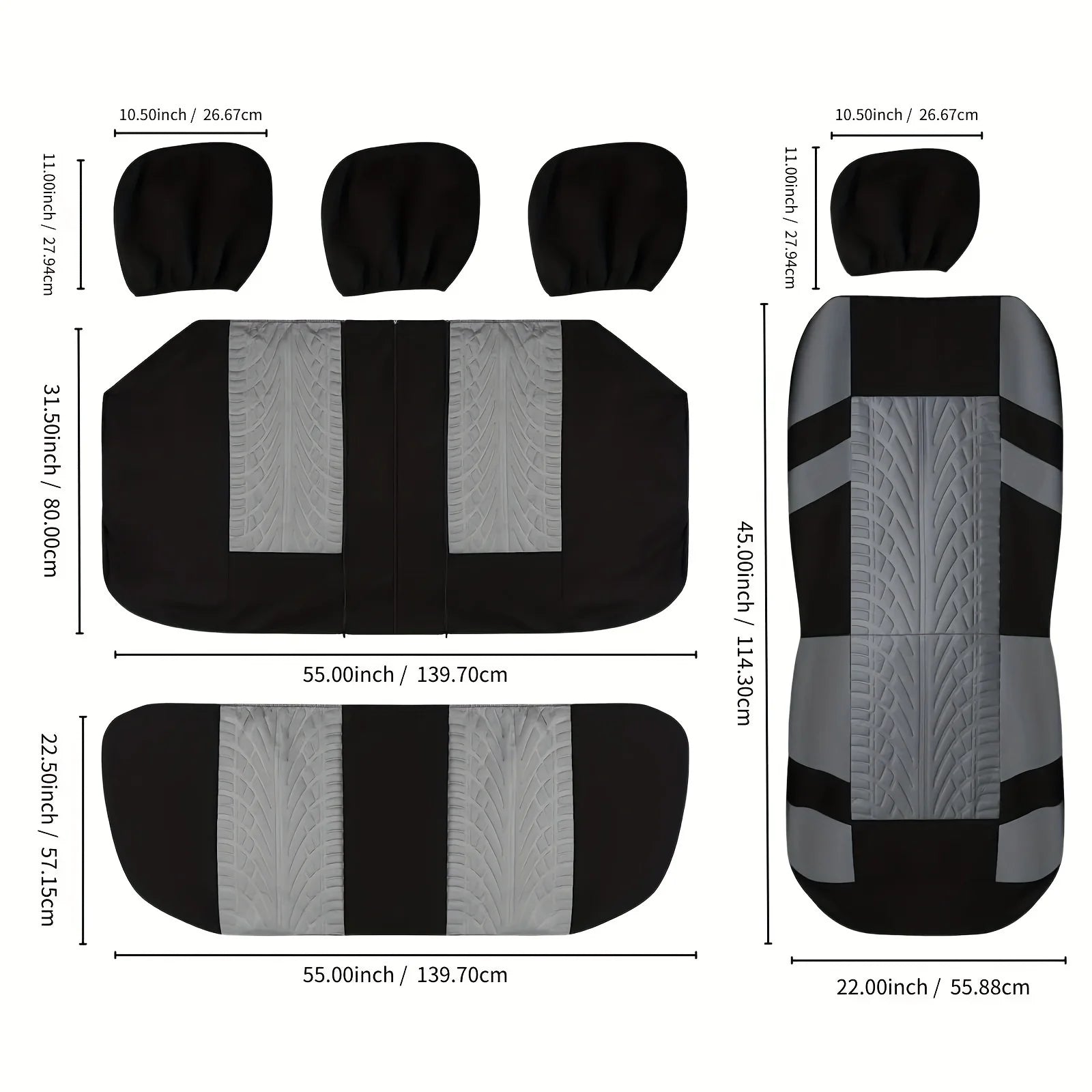 Ash grey and black universal car seat covers laid out on a white background with dimension measurements labelled for headrest, seat-back and seat-base.