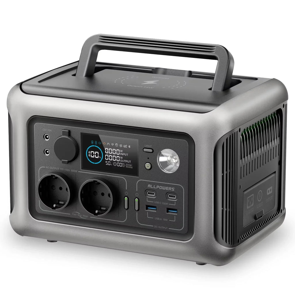 600W LiFePO4 Power Station in grey with carry handle, LCD display, two AC outlets, USB ports and built-in LED light on a white background