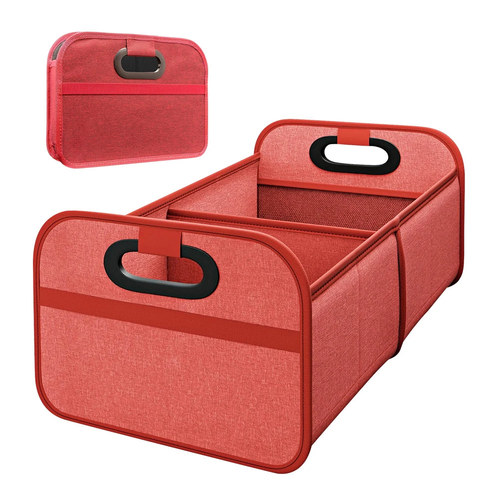 Coral red foldable SUV trunk organiser with reinforced compartments and padded carry handles