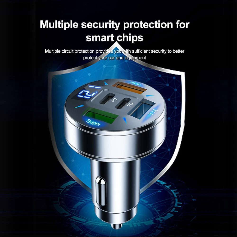 5-Port Fast Car Charger infographic highlighting multiple circuit protection with a shield icon for vehicle safety
