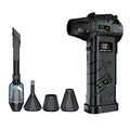 Mini Brushless Jet Blower in black with digital speed display, shown with vacuum attachment, crevice brush and three nozzles on a white background