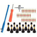 43-piece tyre valve stem tool kit with valve core remover, cross wrench, valve cores and rubber valve stems on a white background