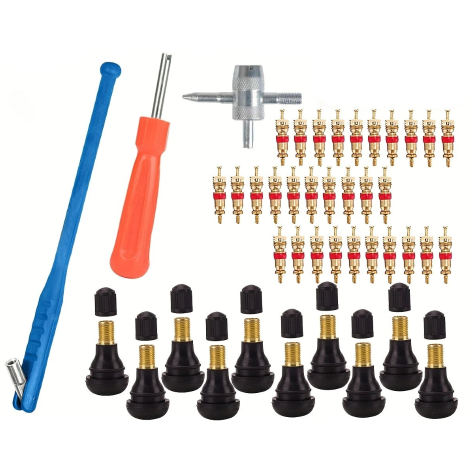 43-piece tyre valve stem tool kit with valve core remover, cross wrench, valve cores and rubber valve stems on a white background