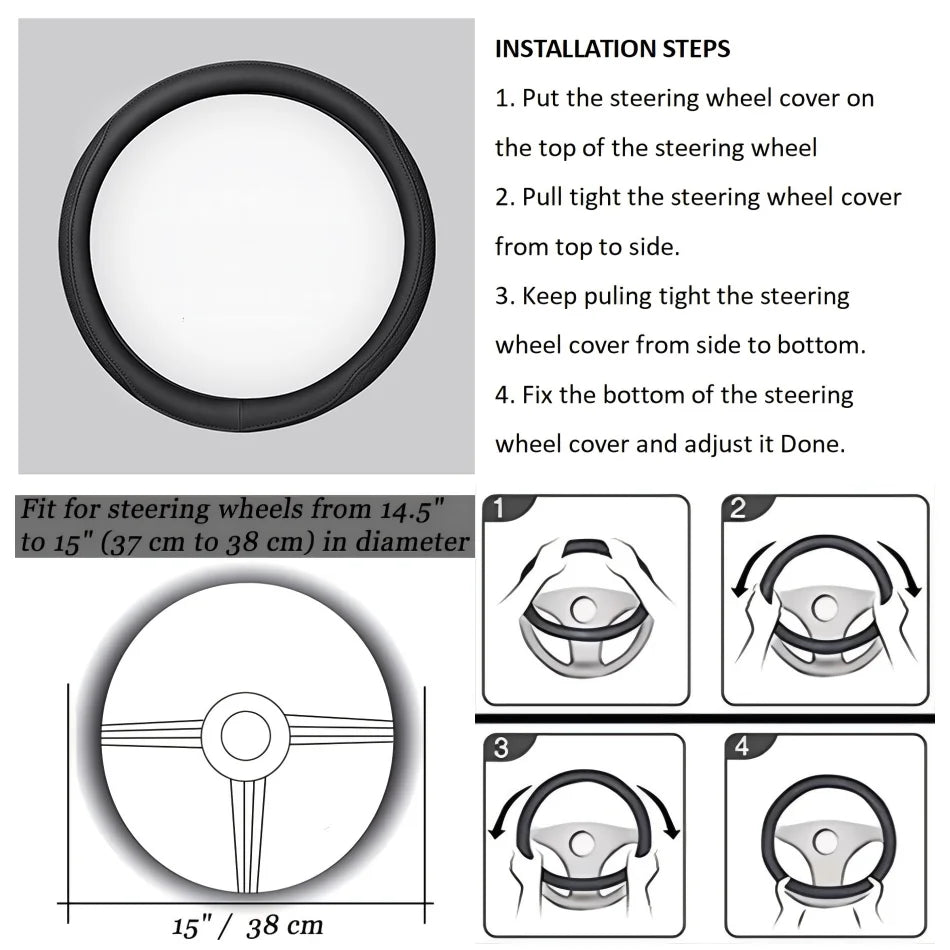 Installation steps diagram for the Perforated Napa Leather Steering Wheel Cover showing how to fit it from top to bottom, suited to wheels 37 to 38cm in diameter