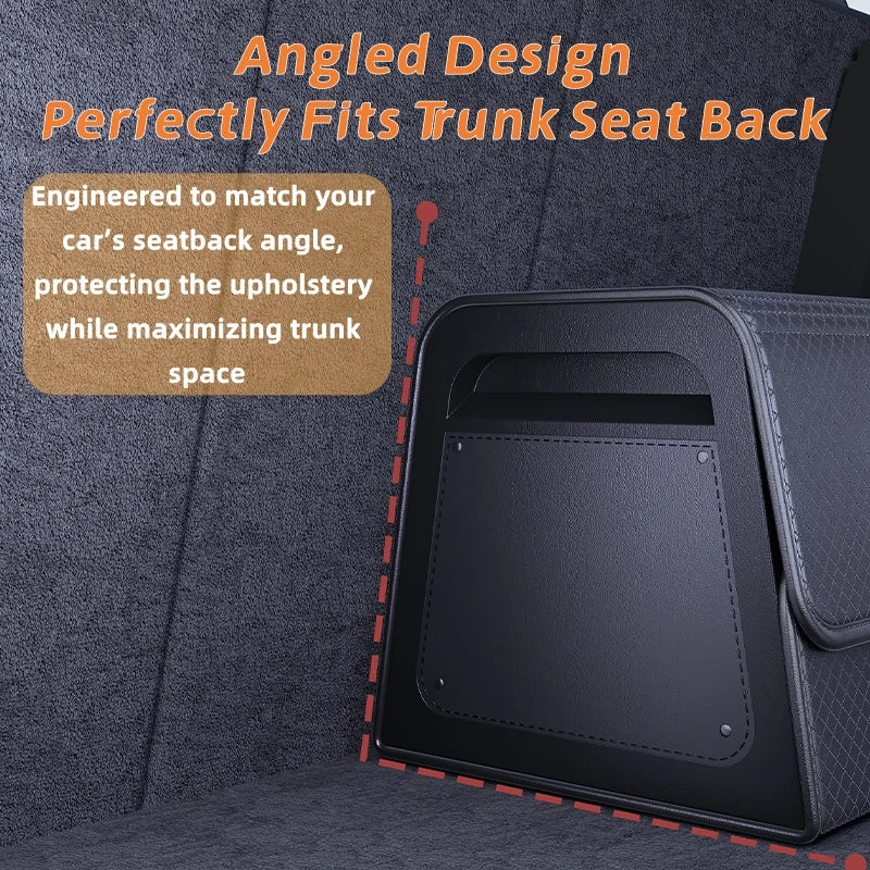 Magnetic Leather Boot Organiser angled design engineered to perfectly fit a car trunk seat back and protect upholstery