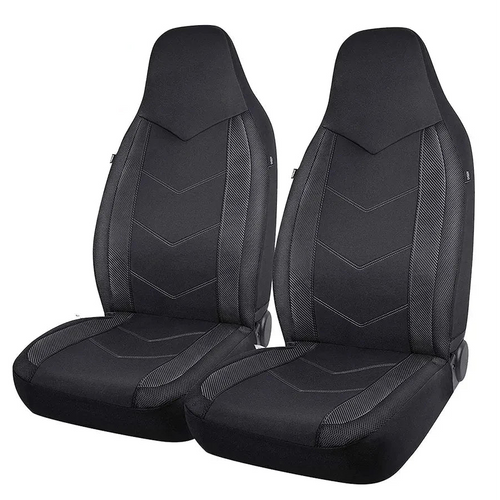 Black Sport Mesh Car Seat Covers front pair with chevron stitching and carbon fibre texture side panels on a white background