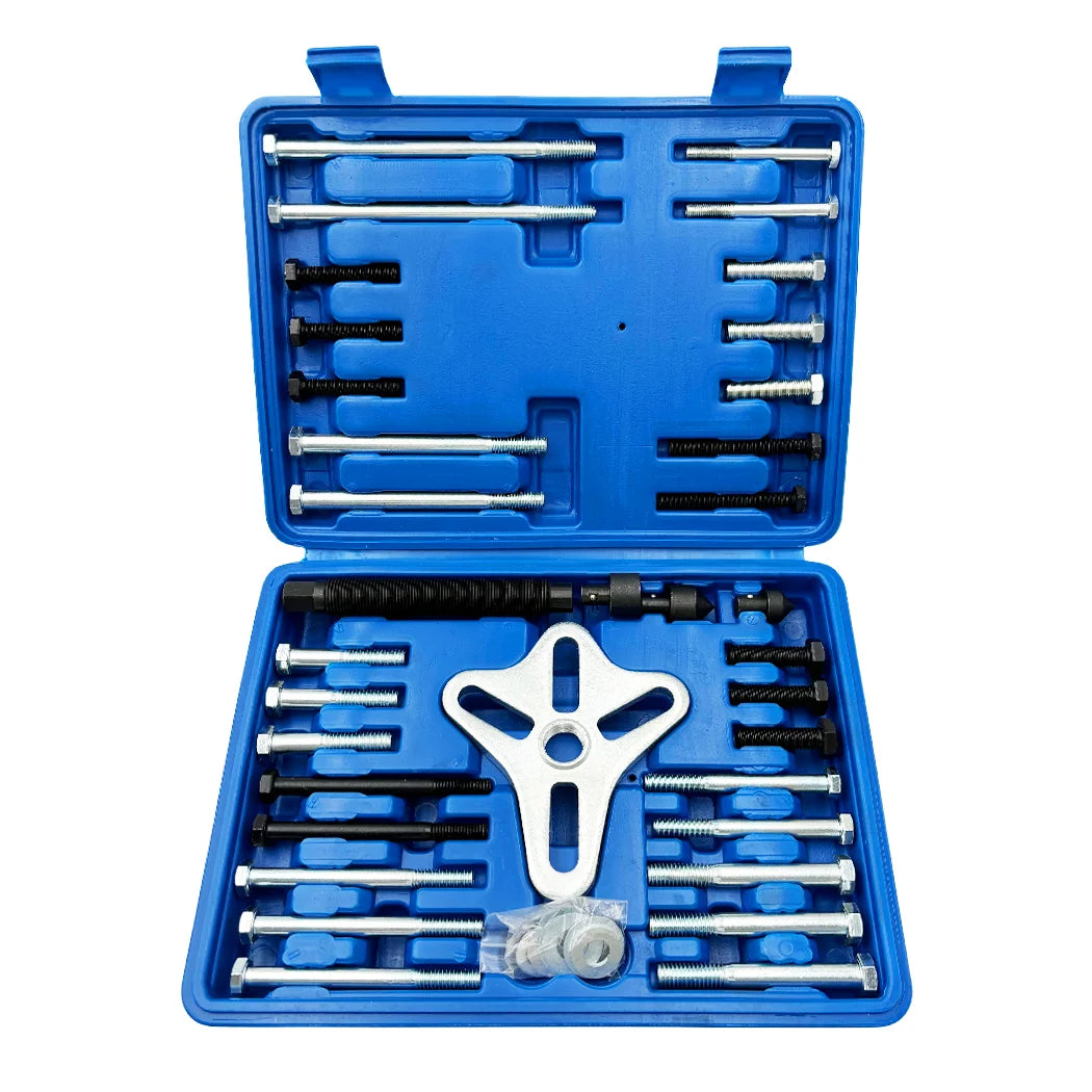 Harmonic Balancer Puller kit displayed open in a blue case with jaw plate, bolts, threaded rods and pins