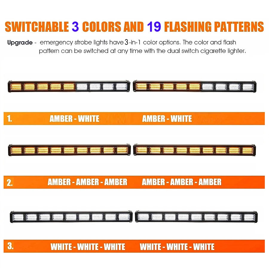 LED Bumper Strobe Light Strip flash colour options showing amber and white, all amber and all white patterns