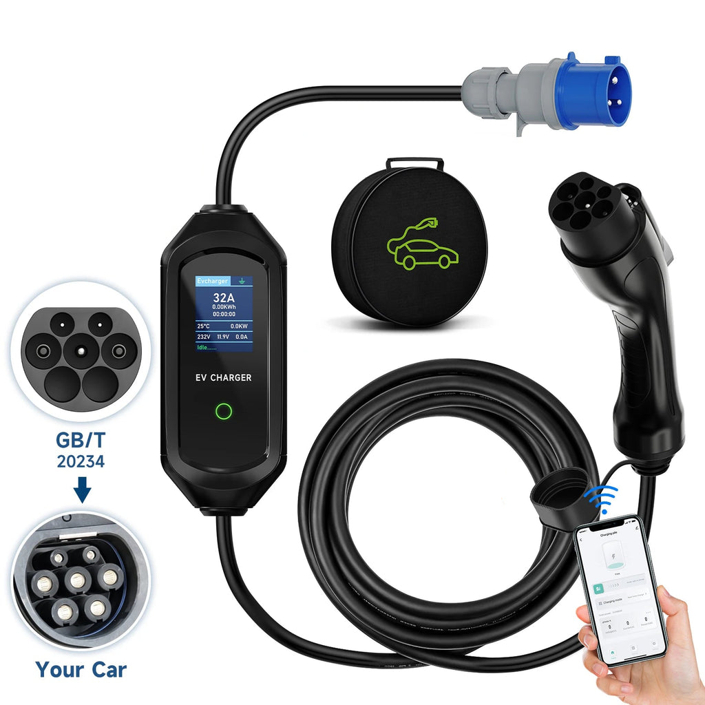 Portable EV charger with GB/T adapter shown next to its charging port and matching car connector