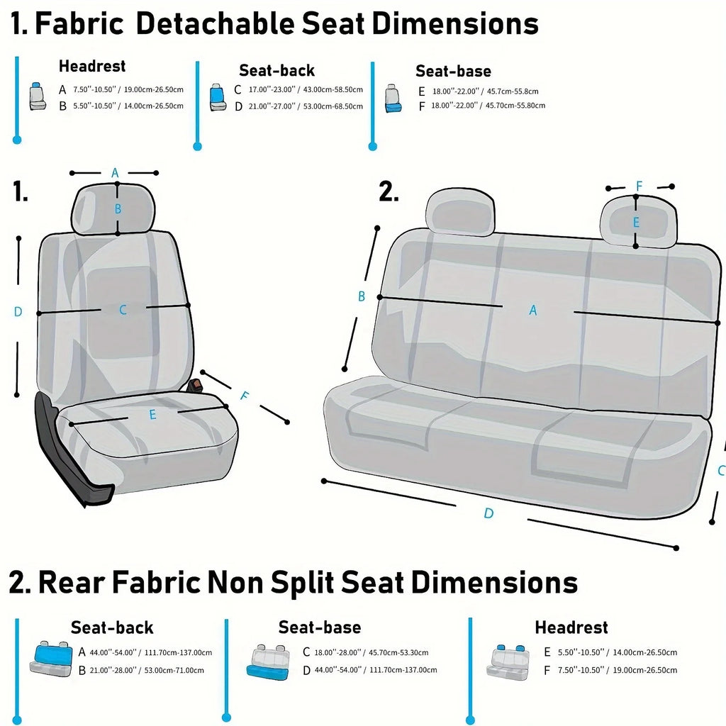 Technical diagram showing the detachable seat dimensions for the universal car seat covers, covering headrest, seat-back and seat-base measurements for fabric-detachable and non-split seat types.