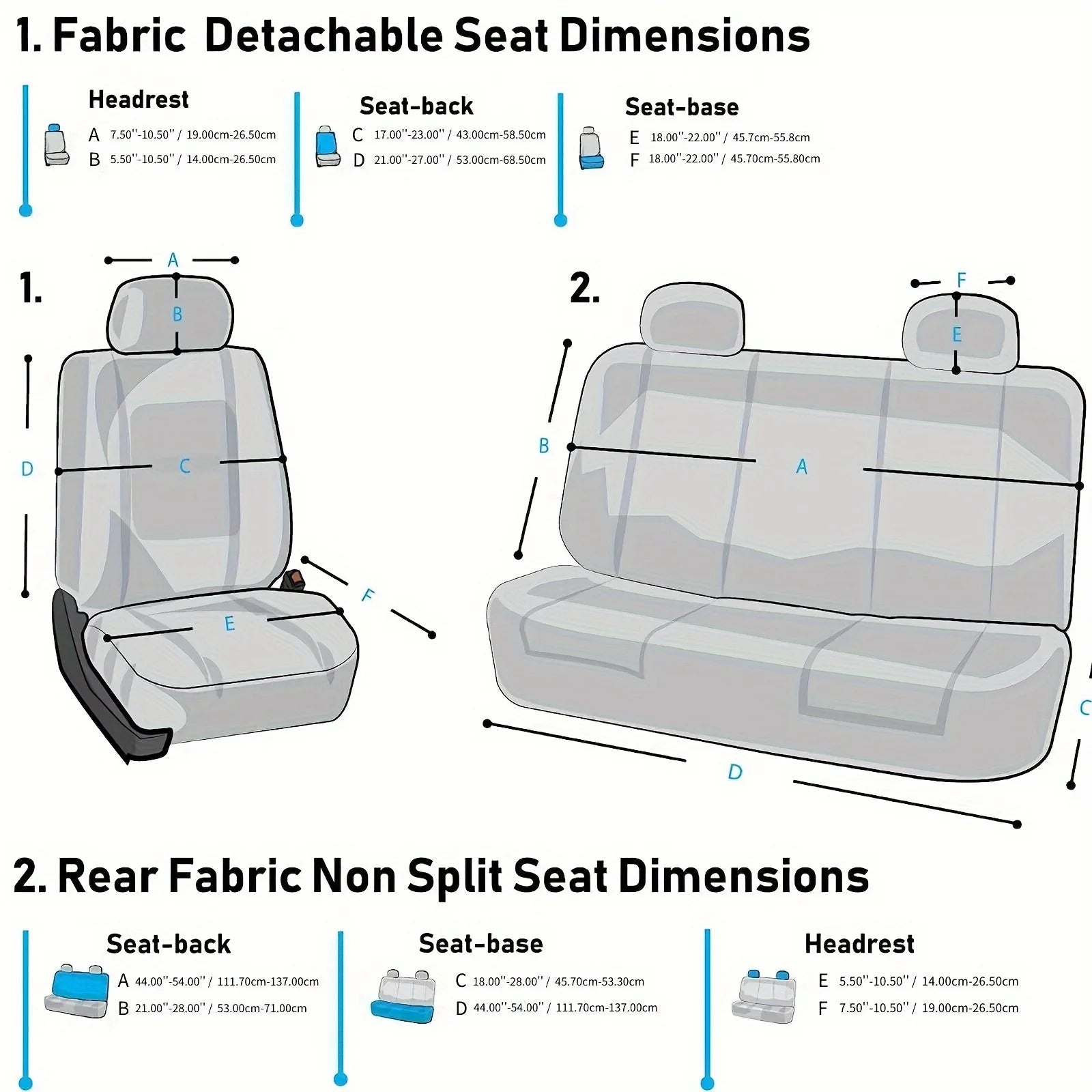 Technical diagram showing the detachable seat dimensions for the universal car seat covers, covering headrest, seat-back and seat-base measurements for fabric-detachable and non-split seat types.