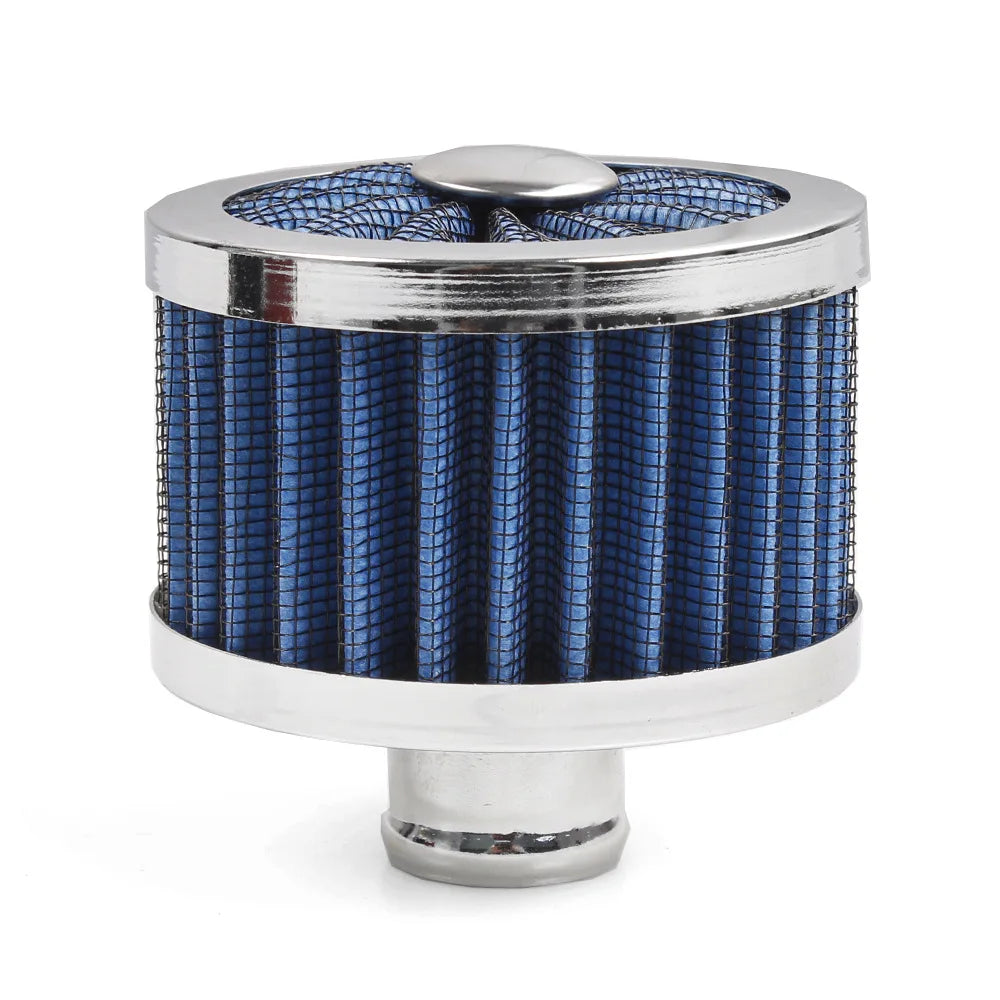 Electric Blue cone air breather filter with chrome trim and washable mesh element, studio product photo on a white background