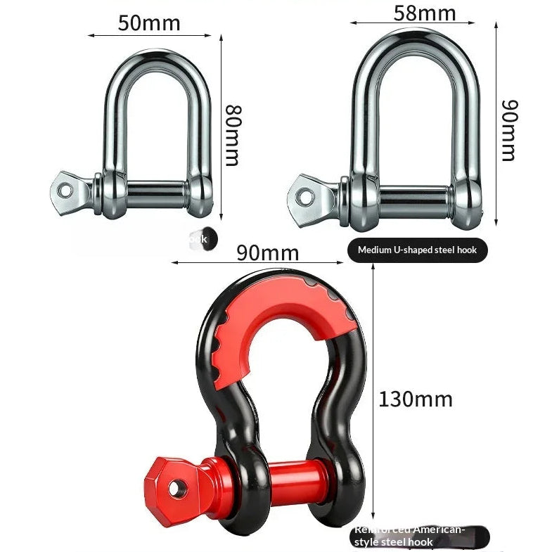 Dimension diagram of the Heavy-Duty Recovery Rope's small, medium and reinforced American-style steel shackle hooks