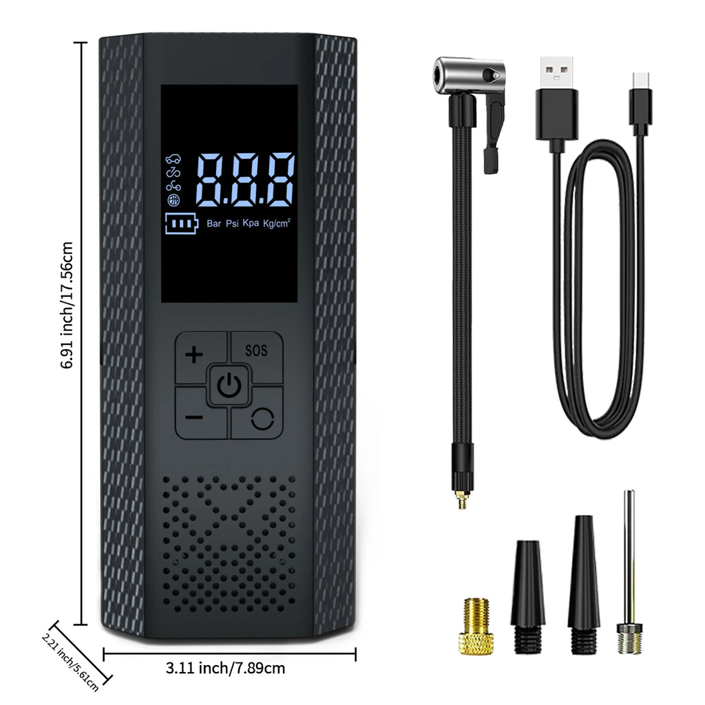 Pocket 150 PSI Tyre Inflator package contents: inflator, air hose, USB-C charging cable and nozzle adapters