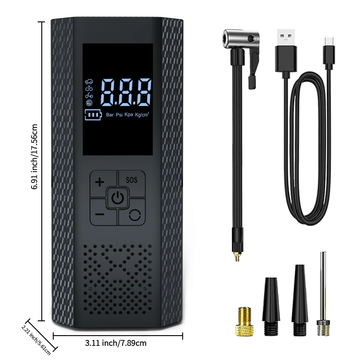 Pocket 150 PSI Tyre Inflator package contents: inflator, air hose, USB-C charging cable and nozzle adapters