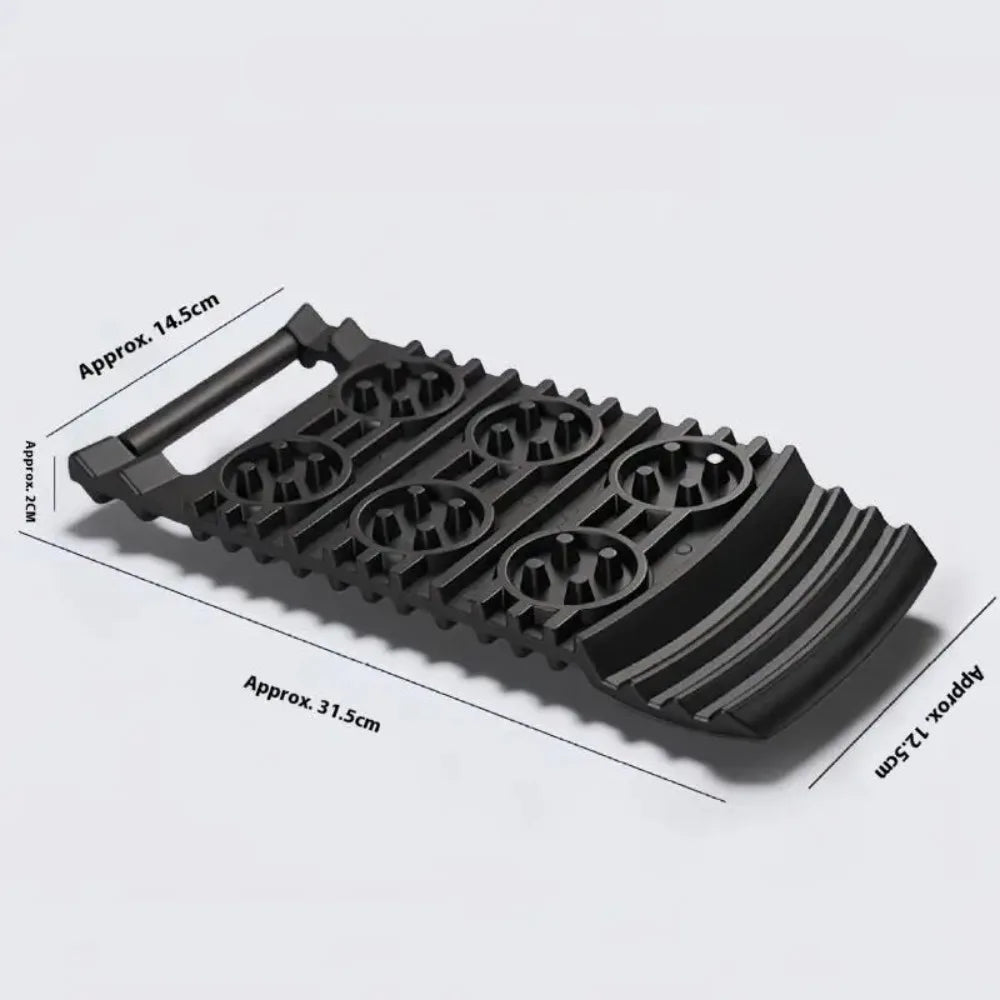 Compact Tyre Traction Mat dimension diagram showing approximately 31.5cm length, 14.5cm width and 2cm thickness