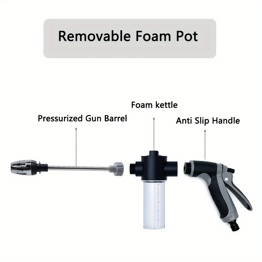 Foam Wash Hose Gun disassembled into pressurised barrel, removable foam bottle and anti-slip handle