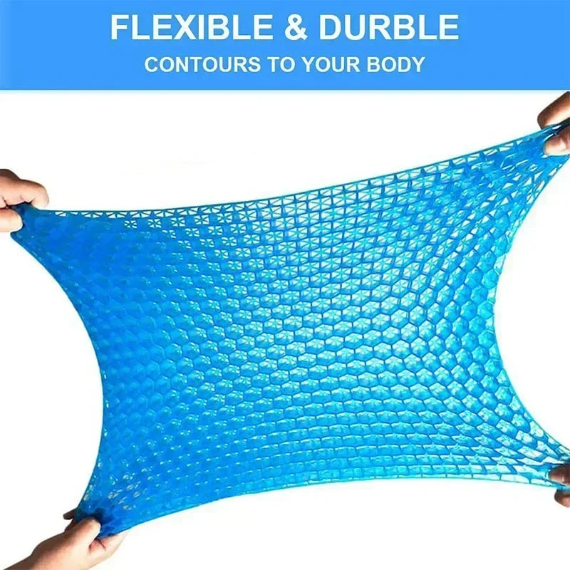 Hand stretching the Gel Seat Cushion to demonstrate its flexible and durable honeycomb material