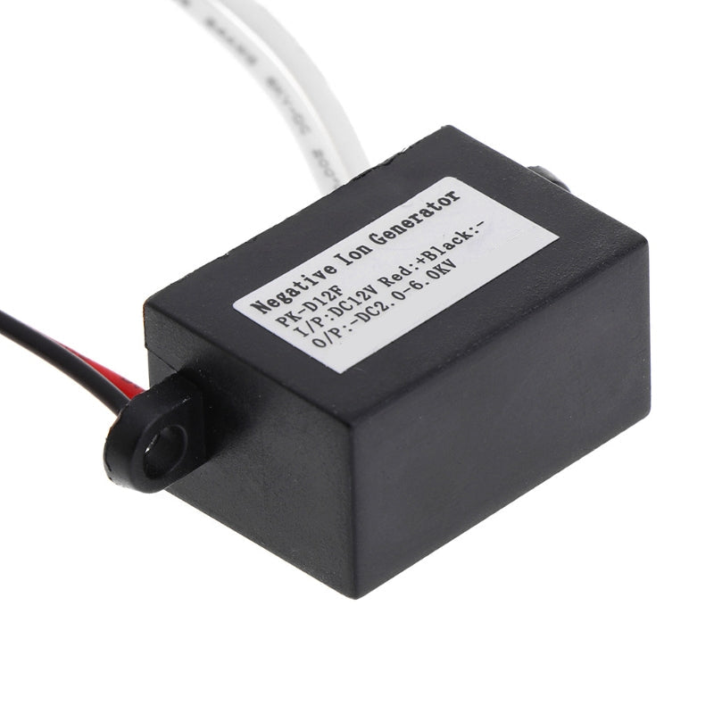 Close-up angled view of the negative ion generator control box labelled PK-D12F with wiring attached for the compact car air ionizer
