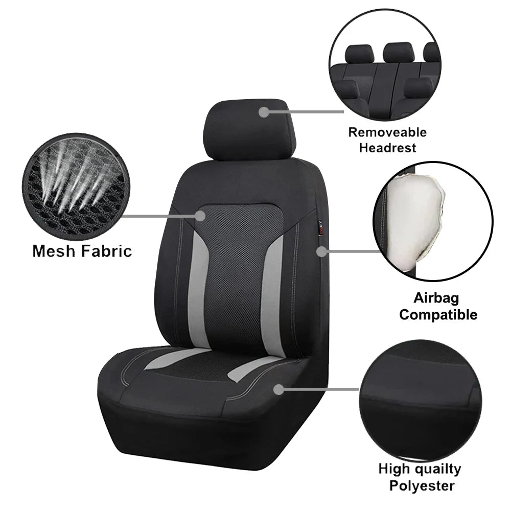 Breathable Mesh Seat Cover features diagram showing removable headrest, airbag compatibility, mesh fabric and polyester quality