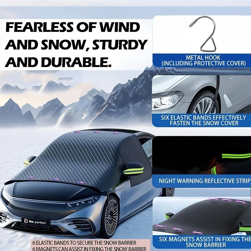 Infographic highlighting the Magnetic Windscreen Frost Cover's metal hook, six elastic bands, night-warning reflective strip and six magnets for a secure, wind-and-snow-proof fit