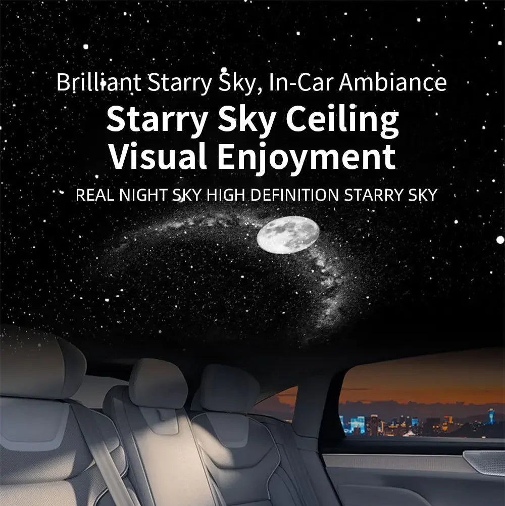 Interior Galaxy Star Light Midnight Moon pattern starry sky ceiling in car back seat with city skyline view