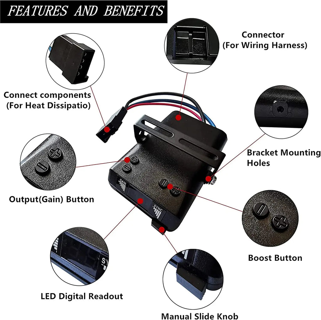 Diagram of the Digital Trailer Brake Controller labelling the wiring harness connector, bracket mounting holes, output gain button, boost button, LED digital readout and manual slide knob