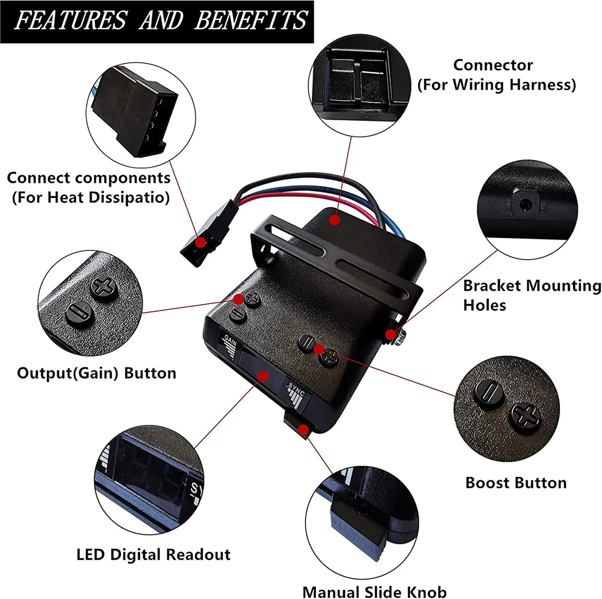 Diagram of the Digital Trailer Brake Controller labelling the wiring harness connector, bracket mounting holes, output gain button, boost button, LED digital readout and manual slide knob