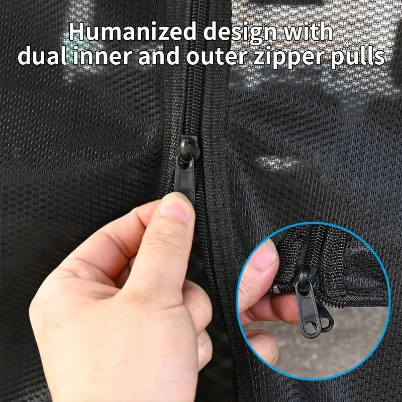 Hand opening the Tailgate Mosquito Net's heavy-duty zip, with an inset showing the double inner and outer zip pulls