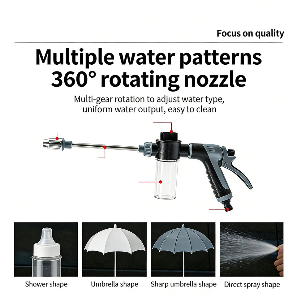 Rotating Foam Wash Gun 360-degree adjustable nozzle with shower, umbrella, sharp umbrella and direct jet spray patterns