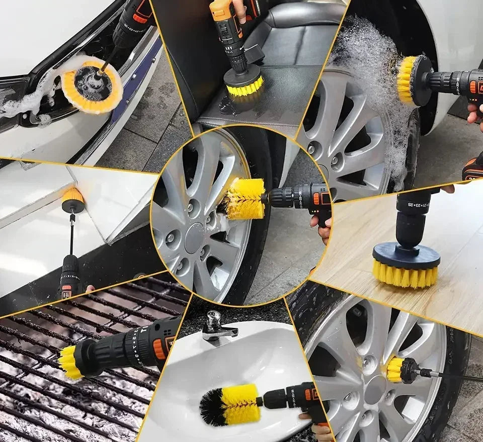 Close-up collage of a yellow drill brush scrubbing grime from a car wheel rim