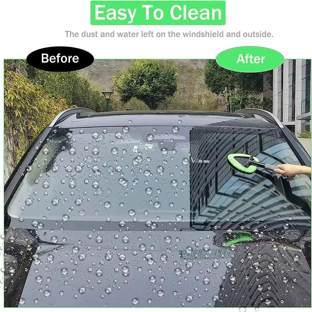 Before and after results of the telescopic car window cleaning brush on a dusty outdoor windscreen