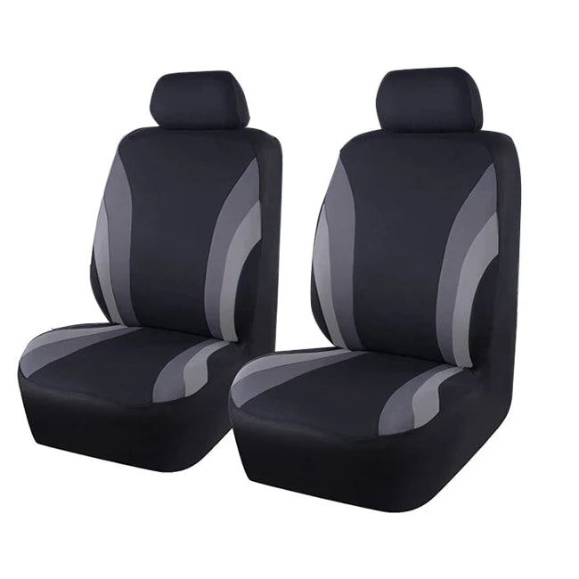 A pair of black car seat covers with gray curved stripe accents, shown on a plain white background.