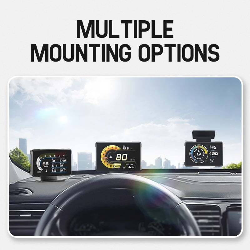 Dual-Mode OBD2 Smart Gauge mounted in three positions across a car dashboard, including windscreen-top mount