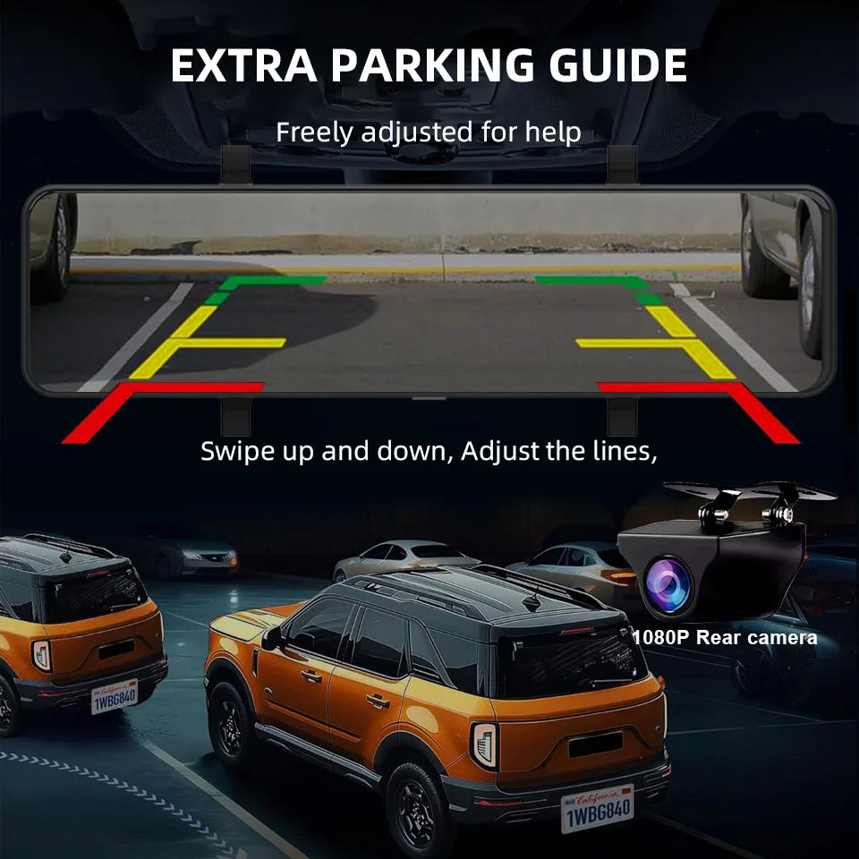 11-Inch 4K Mirror Dash Cam adjustable parking guide lines with 1080P rear camera fitted to an orange SUV