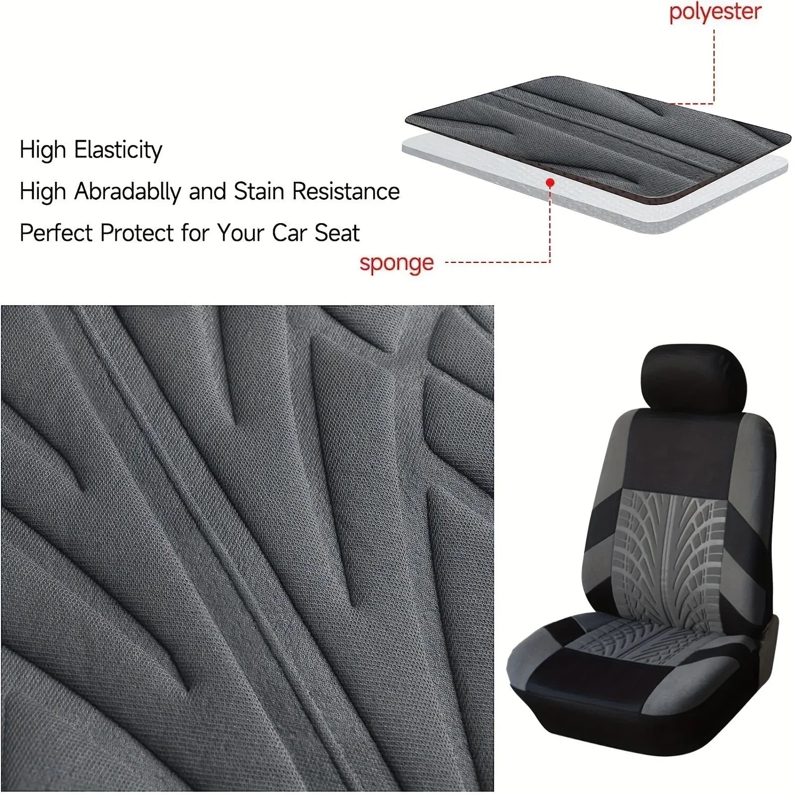 Close-up of the universal car seat cover fabric texture, highlighting its high elasticity, abrasion resistance and stain-resistant polyester weave with sponge padding.