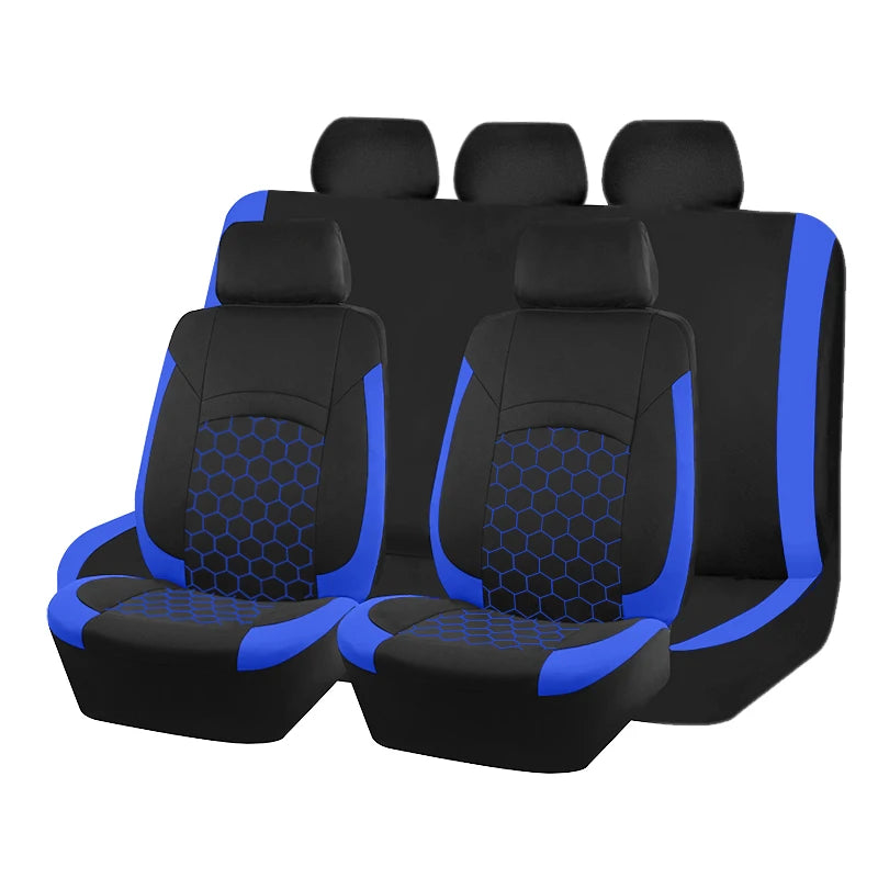 Blue and black Football Embroidery Seat Covers for a pair of front seats on a white background