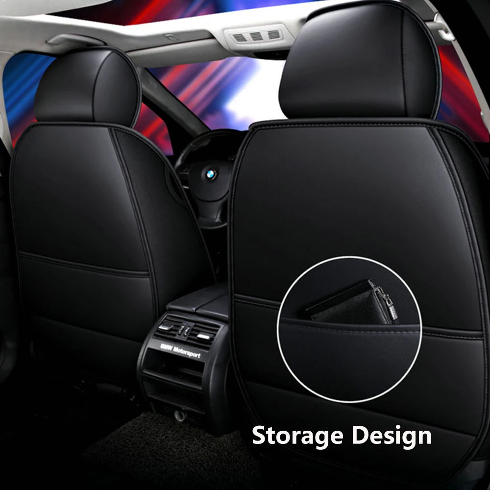 Diamond Quilted Leather Seat Covers fitted in a BMW back seat highlighting the built-in storage pocket