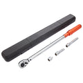 Precision Click Torque Wrench with orange handle, chrome shaft, three extension adaptors and black hard storage case