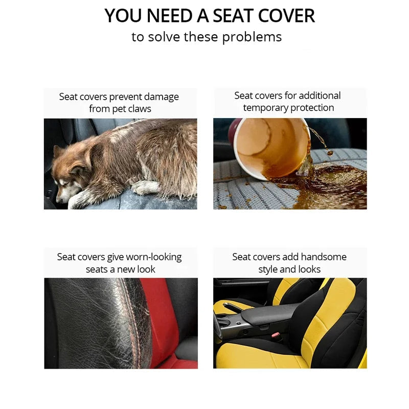 Infographic showing common car seat problems such as stains, wear and fading solved by Leather-Style Seat Covers