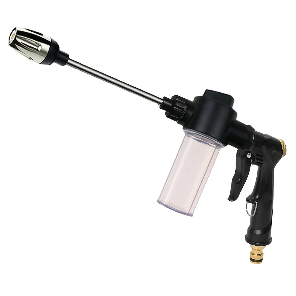 Long-Reach Foam Wash Lance with clear foam soap bottle, stainless steel extension and brass hose connector