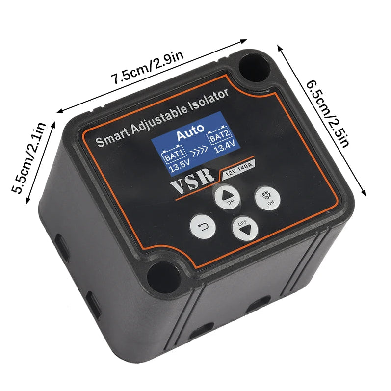 Adjustable Lithium Battery Isolator dimensions 7.5cm by 6.5cm by 5.5cm with LCD screen and control buttons