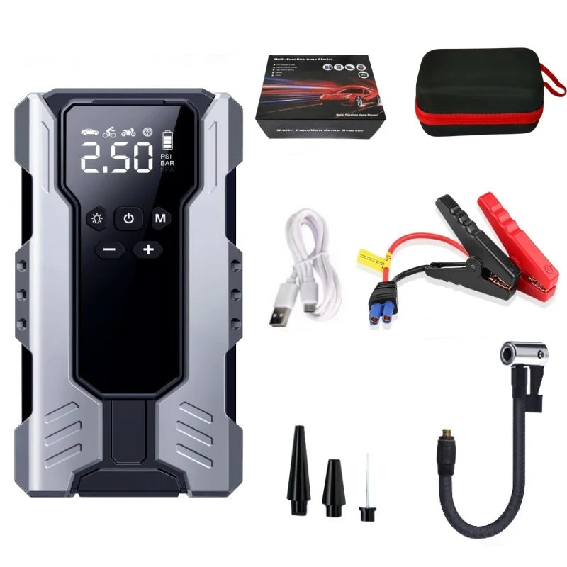 Complete jump starter kit including main unit, carry case, retail box, USB charging cable, jumper clamps and tyre inflator nozzles