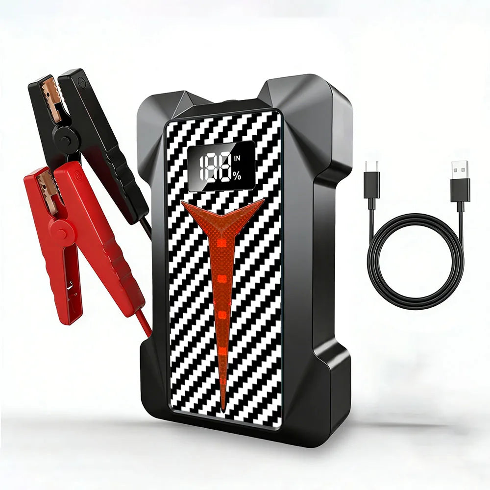 4-in-1 Roadside Power Pack with carbon-fibre pattern casing, digital charge display, red and black jump leads and USB-C charging cable
